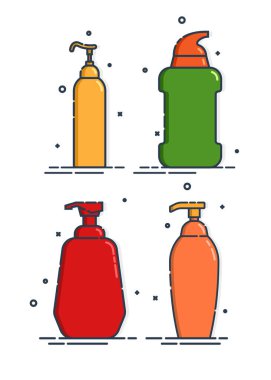 Kozmetik konteynır. Vücut bakımı hijyeni. Boş bir paket şişesi koy. Dört plastik makyaj kavanozu ürünü. Renkli güzellik ilacı paketi. Yağ, jöle, şampuan. Tedavi modelleme tasarımı. Özet nesne