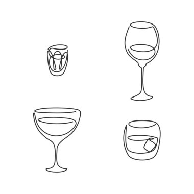 Beyaz arka planda votka şarap vermut viski bardağı çizen bir çizgi. Siyah beyaz çizgi film çizimi. Devamlı bir çizgi. El yapımı parti içkileri konsepti. Serbest çizim biçimi