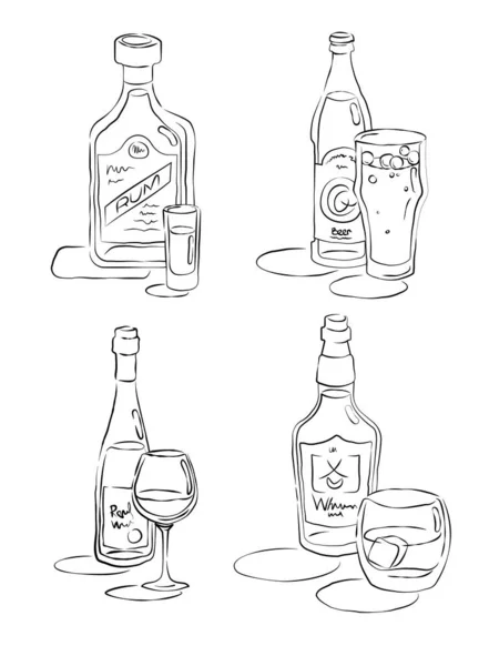 Butelka Szklane Piwo Whisky Rum Wino Razem Ręcznie Rysowane Stylu — Wektor stockowy