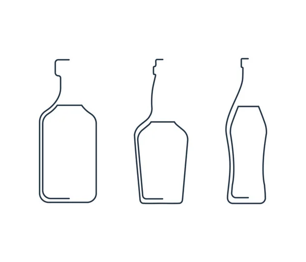 酒瓶中连续的朗姆酒 苦艾酒和威士忌在白色背景的线性风格 固体黑色细长轮廓 现代平面平面设计 标识元素说明 绕道喝酒的标志 — 图库矢量图片
