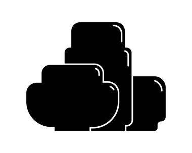 Kozmetik konteynır. Üç plastik kozmetik kavanoz ürünü. Yağ, maske, krema. İnce beyaz çizgileri olan siyah bir siluet tasarımı. Beyaz arkaplanda yassı biçimdeki izole simge