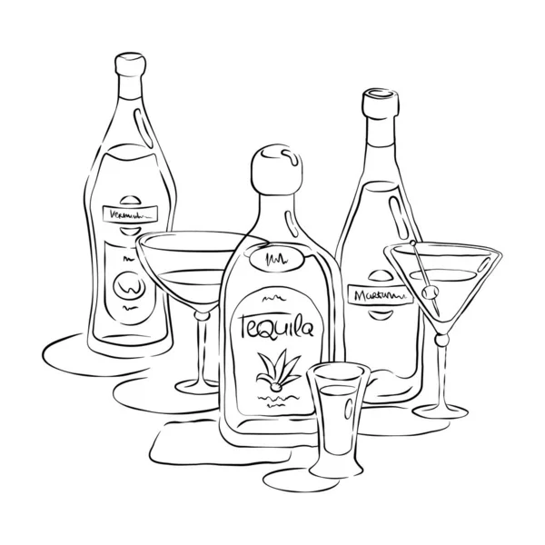 Palack Üveg Vermut Tequila Martini Együtt Kézzel Rajzolt Stílusban Italkörvonal — Stock Vector