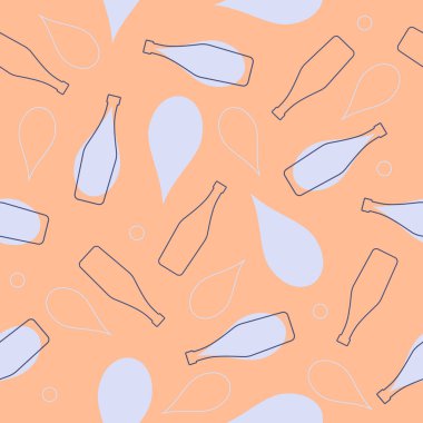 Vermut şişeleri ve alkol damlaları pürüzsüz. Çizgi sanatı tarzı. Görüntü özeti. Şablonu tekrarla. Parti içkileri konsepti. Beyaz arkaplanda renk çizimi. Herhangi bir amaç için düz tasarım