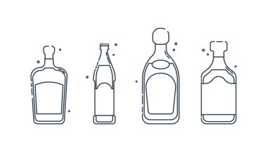 Düz stil bir şişe rom tekila bira markası. Kutlama tasarımı için restoran alkolik illüstrasyonu. Tasarım kontur elemanı. İçecek taslak simgesi. Grafik biçiminde beyaz arkaplanda izole