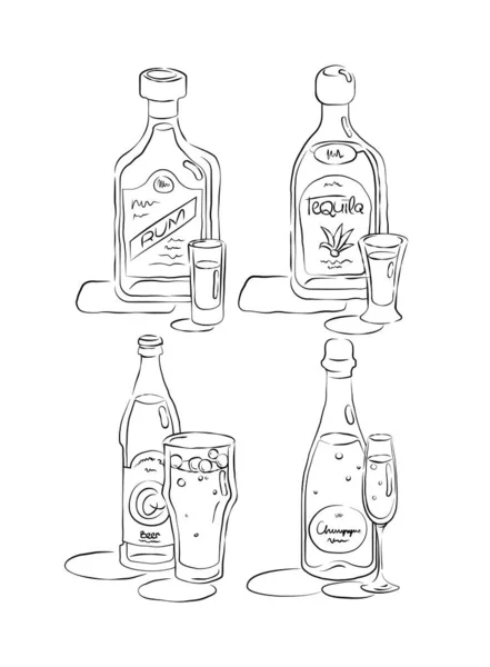 Bouteille Verre Rhum Tequila Bière Champagne Ensemble Dans Style Dessiné — Image vectorielle