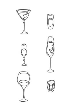Bir sıra martini, rom, likör şampanya, votka bardağı, beyaz arka planda. Freehand siyah beyaz karikatür çizimi. El çizimi sürekli çizgi yolu