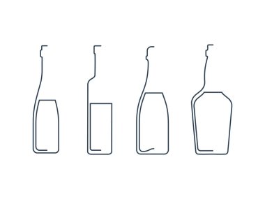 Şişe devamlı şampanya, votka, viski ve şarap beyaz arka planda doğrusal olarak. Katı, siyah, ince bir taslak. Modern düz stil grafik tasarımı. Logo elemanı çizimi. Contour içki sembolü