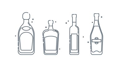 Tekila, votka, likör, martini, düz bir sanat eseri. Kutlama tasarımı için restoran alkolik illüstrasyonu. Tasarım kontur elemanı. İçecek taslak simgesi. Grafik biçiminde beyaz arkaplanda izole