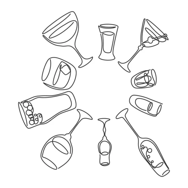 一行画马提尼朗姆酒红葡萄酒香槟龙舌兰酒啤酒威士忌伏特加酒杯子白色背景 物体围绕着圆周排列 手绘连续直线法 — 图库矢量图片