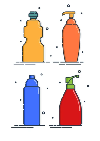 化粧品容器 ボディケア衛生 空のパッケージボトルをセットします 4つのプラスチック製の化粧瓶製品 カラー美容医療パッケージ シャンプー 治療モックアップ設計 概要オブジェクト — ストックベクタ