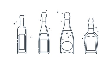 Viski, votka, şarap, şampanya, düz stil sanat eseri. Kutlama tasarımı için restoran alkolik illüstrasyonu. Tasarım kontur elemanı. İçecek taslak simgesi. Grafik biçiminde beyaz arkaplanda izole