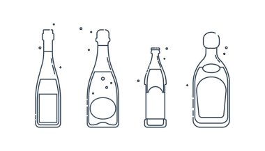 Şişe tekila, şarap, şampanya, düz stil sanat eseri. Kutlama tasarımı için restoran alkolik illüstrasyonu. Tasarım kontur elemanı. İçecek taslak simgesi. Grafik biçiminde beyaz arkaplanda izole