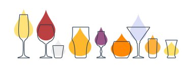 Üç bardak şampanya, kırmızı şarap, votka, bira, likör, viski, martini, rom ve tekila. Bardak bardakta içki. Restoran ve bar için şablon alkol içeceği. Sembol partisi. Farklı içecekler. Beyaz arkaplanda izole düz çizim.