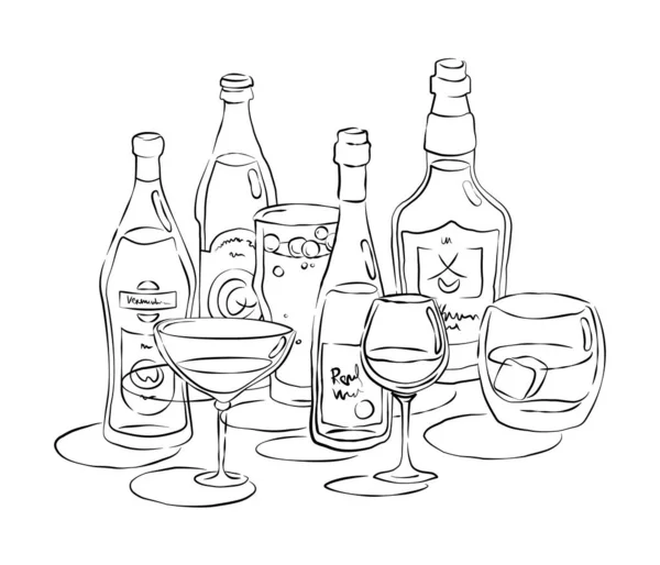 Palack Üveg Sör Vermut Bor Whisky Együtt Kézzel Rajzolt Stílusban — Stock Vector