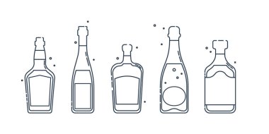 Şişe viski, likör, şampanya, rom çizgisi, düz stil. Kutlama tasarımı için restoran alkolik illüstrasyonu. Tasarım kontur elemanı. İçecek taslak simgesi. Grafik biçiminde beyaz arkaplanda izole