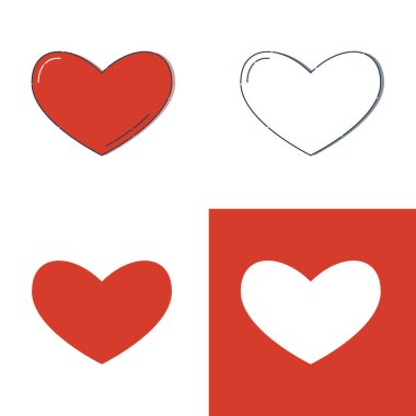 Beyaz arka planda doğrusal kırmızı şekilli kalp. Yansıması ve gölgesi olan modern bir illüstrasyon. Düz çizgi sanatında basit bir nesne. Dört çeşit resim. Kutlama, aşk şablonu