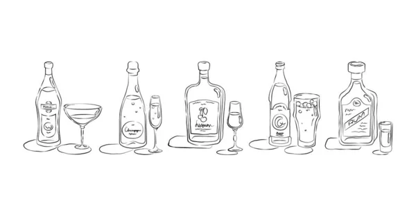 Βερμούτ Σαμπάνια Ποτό Μπύρα Ρούμι Μπουκάλι Και Γυαλί Στο Χέρι — Διανυσματικό Αρχείο