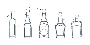Şişe votka, şampanya, viski, likör sanatı düz stil. Kutlama tasarımı için restoran alkolik illüstrasyonu. Tasarım kontur elemanı. İçecek taslak simgesi. Grafik biçiminde beyaz arkaplanda izole