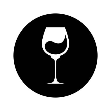 Siluet damlası şarabıyla düz çizim camı. Siyah dairede izole bir cisim. Beyaz arka planda alkollü içeceğin soyut görüntüsü. Modern tasarım konsepti partisi, kutlama.