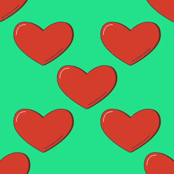 緑の背景に赤いハートの形でラインアートシームレスなパターン 恋愛グラフィックテクスチャ お祝いのコンセプト 装飾印刷物 幾何学的な明るい壁紙 黒輪郭線 — ストックベクタ