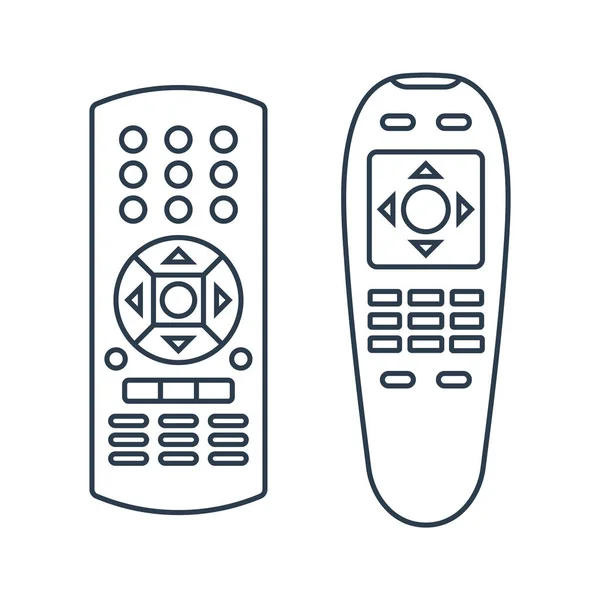 遥控装置技术通信交换机按钮 两种程序装置 无线键盘 白色背景上孤立的平面插图 黑色的等高线通用电子控制器 — 图库矢量图片