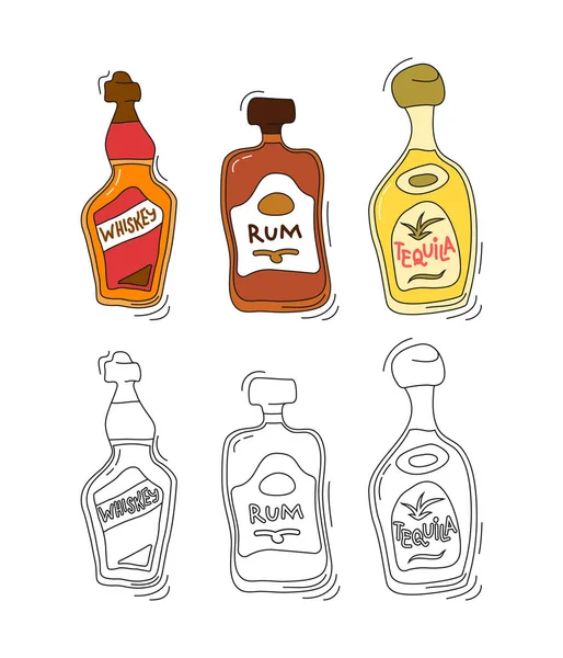 Rum Uísque Garrafa Tequila Fundo Branco Dois Tipos Bebidas Desenhos — Vetor de Stock