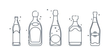 Şişe bira, tekila, şampanya, rom, martini, düz stil. Kutlama tasarımı için restoran alkolik illüstrasyonu. Tasarım kontur elemanı. İçecek taslak simgesi. Grafik biçiminde beyaz arkaplanda izole