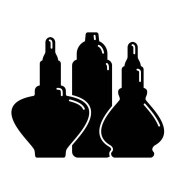 Sırada üç kozmetik konteynır oje jölesi var. Kadın makyaj ürünü. Plastik ya da cam şişe. Moda ve tarz. Siyah siluet. Ayrı bir nesne. Görüntü izole edilmiş beyaz arkaplan