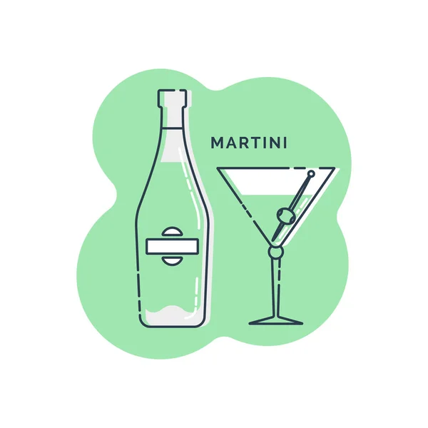 Palack Üveg Martini Vonal Művészet Lapos Stílusban Étterem Alkoholos Illusztráció — Stock Vector