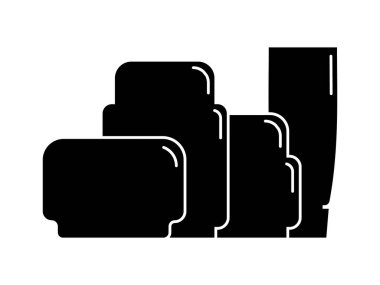 Kozmetik konteynır. Dört plastik kozmetik kavanoz ürünü. Yağ, maske, krema. İnce beyaz çizgileri olan siyah bir siluet tasarımı. Beyaz arkaplanda yassı biçimdeki izole simge.