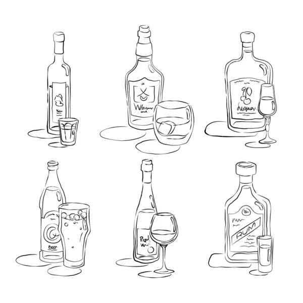 Palack Üveg Vodka Whisky Likőr Sör Bor Rum Együtt Kézzel — Stock Vector