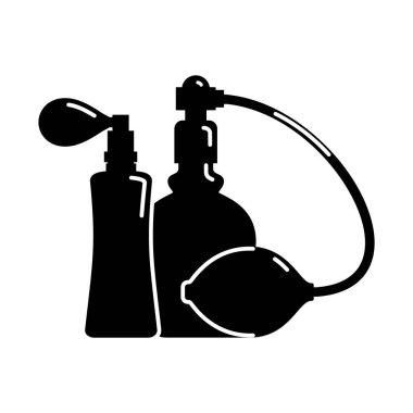 Parfüm şişesi beyaz arka planda izole edilmiş bir ikon. İki cam kap ya da plastik. Düz stil. Sprey sistemi. İnce beyaz çizgileri olan siyah bir siluet tasarımı