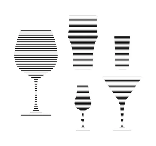 ワイン ビール ラム酒 マティーニグラスをミニマルなリニアスタイルで 黒い細い線の形で行われるガラス製品のシルエット 列に3つのアルコールオブジェクト 白い背景に孤立したイメージ — ストックベクタ