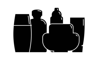 Kozmetik konteynır. Beş plastik kozmetik kavanoz ürünü. Yağ, maske, krema. İnce beyaz çizgileri olan siyah bir siluet tasarımı. Beyaz arkaplanda yassı biçimdeki izole simge