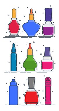 Kozmetik kaplar set tırnak cilası. Kadın moda ürünü. Toplanan dokuz plastik ya da cam şişe. Moda ve tarz. Yakından izole edilmiş nesne. Görüntü izole edilmiş beyaz arkaplan