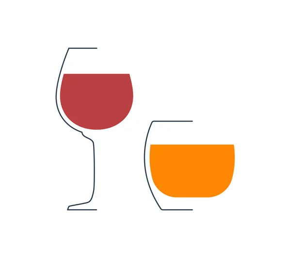 Rött Vin Och Whisky Glas Minimalistisk Linjär Stil Kontur Glas — Stock vektor