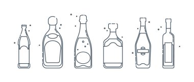 Şişe bira, tekila, şampanya, rom, martini, votka, düz stil. Kutlama tasarımı için restoran alkolik illüstrasyonu. Tasarım kontur elemanı. İçecek taslak simgesi. Grafik biçiminde beyaz arkaplanda izole