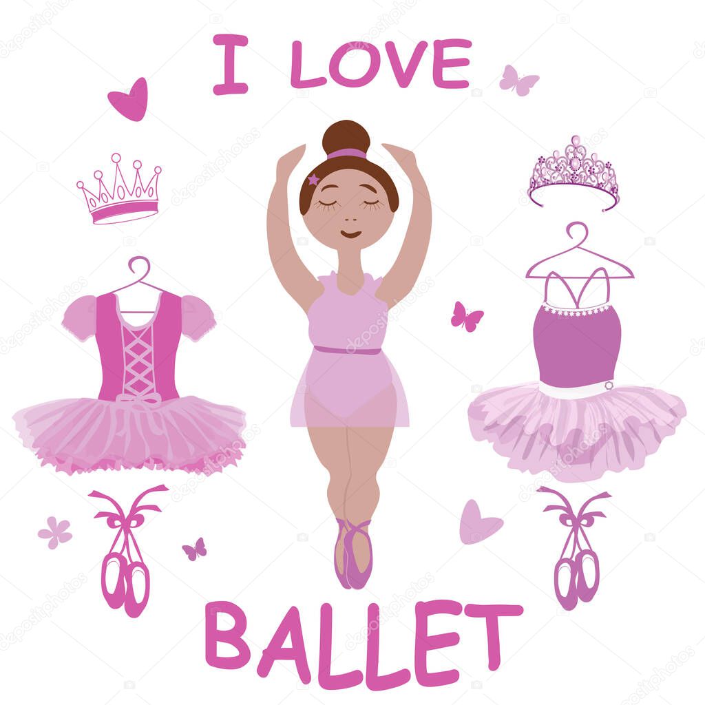 vector image of a ballerina and ballet clothing, tutus, pointe shoes and tiara