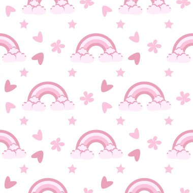Gökkuşağı ve pembe renkli kalplerle kusursuz bir desen.