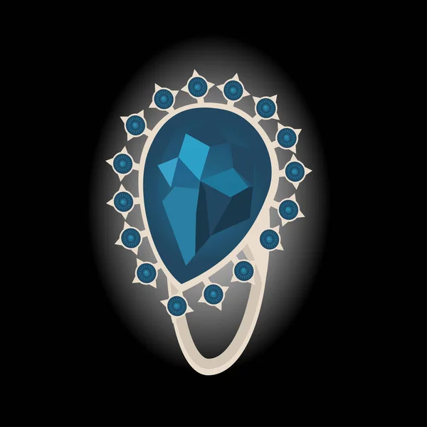 Vector image of a womans ring with a precious blue stone on a black — Stock Vector