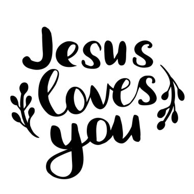 İsa 'nın beyaz arka planda seni siyahlar içinde sevdiğini belirten vektör el yazısı.