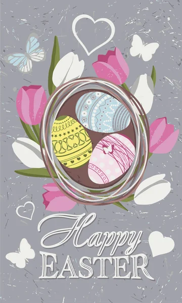 Tarjeta de felicitación con el texto Feliz Pascua y la imagen de los huevos en una cesta — Archivo Imágenes Vectoriales