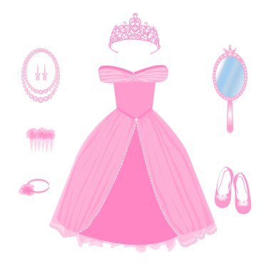 Bir prenses için elbise, taç, ayakkabı ve diğer aksesuarların vektör görüntüsü