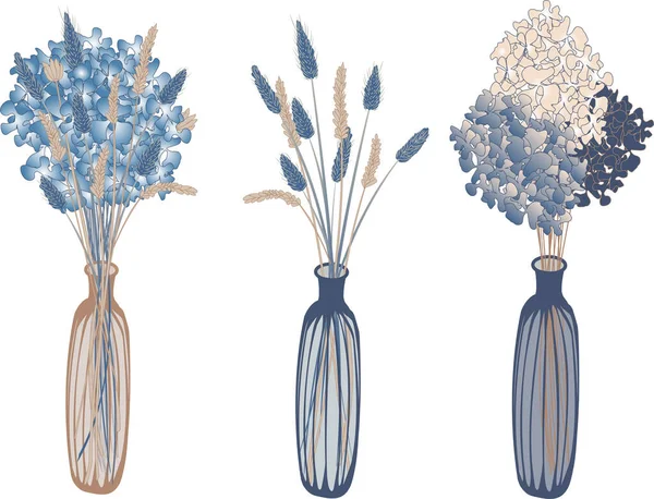 矢量集三个狭窄的花瓶与花朵和干燥的花朵在boho风格 — 图库矢量图片