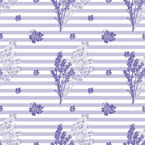 Vector Seamless Pattern Stripes Sprigs Lavender Purple Tones Style Provence — Stock Vector