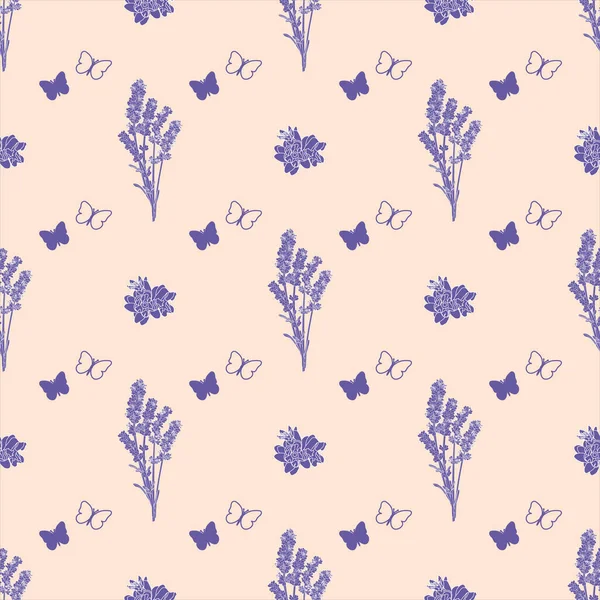 Векторный Бесшовный Узор Изображением Лавандовых Веток Цветов Бабочек Фиолетовых Персиковых — стоковый вектор