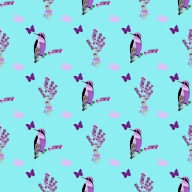 Bir kuş görüntüsü, bir lavanta buketi ve turkuaz bir arka planda parlak leylak tonları olan kelebekler.