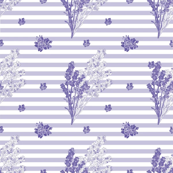 Vector seamless pattern with stripes and sprigs of lavender — Stock Vector