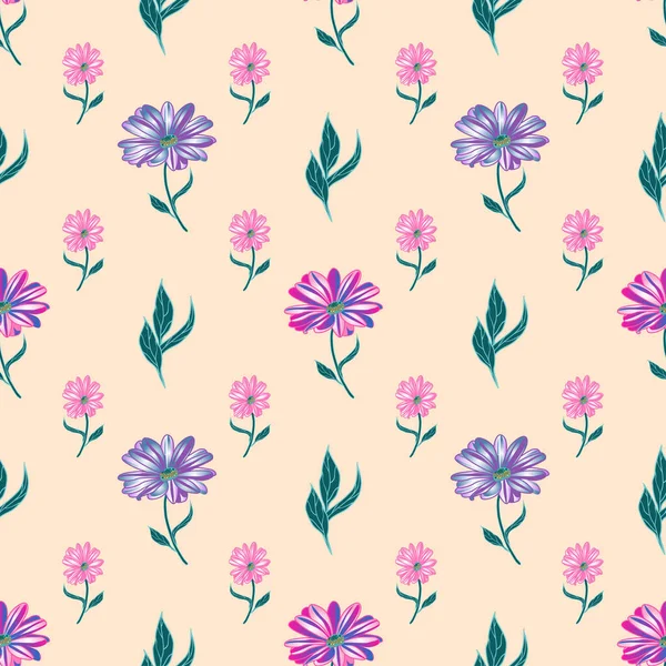 Patrón Inconsútil Vector Con Flores Osteospermum Multicolores Sobre Fondo Beige — Vector de stock