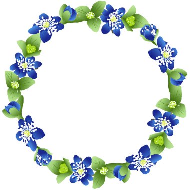 Mavi çiçeklerin ve parlak yeşil yaprakların vektör çelengi